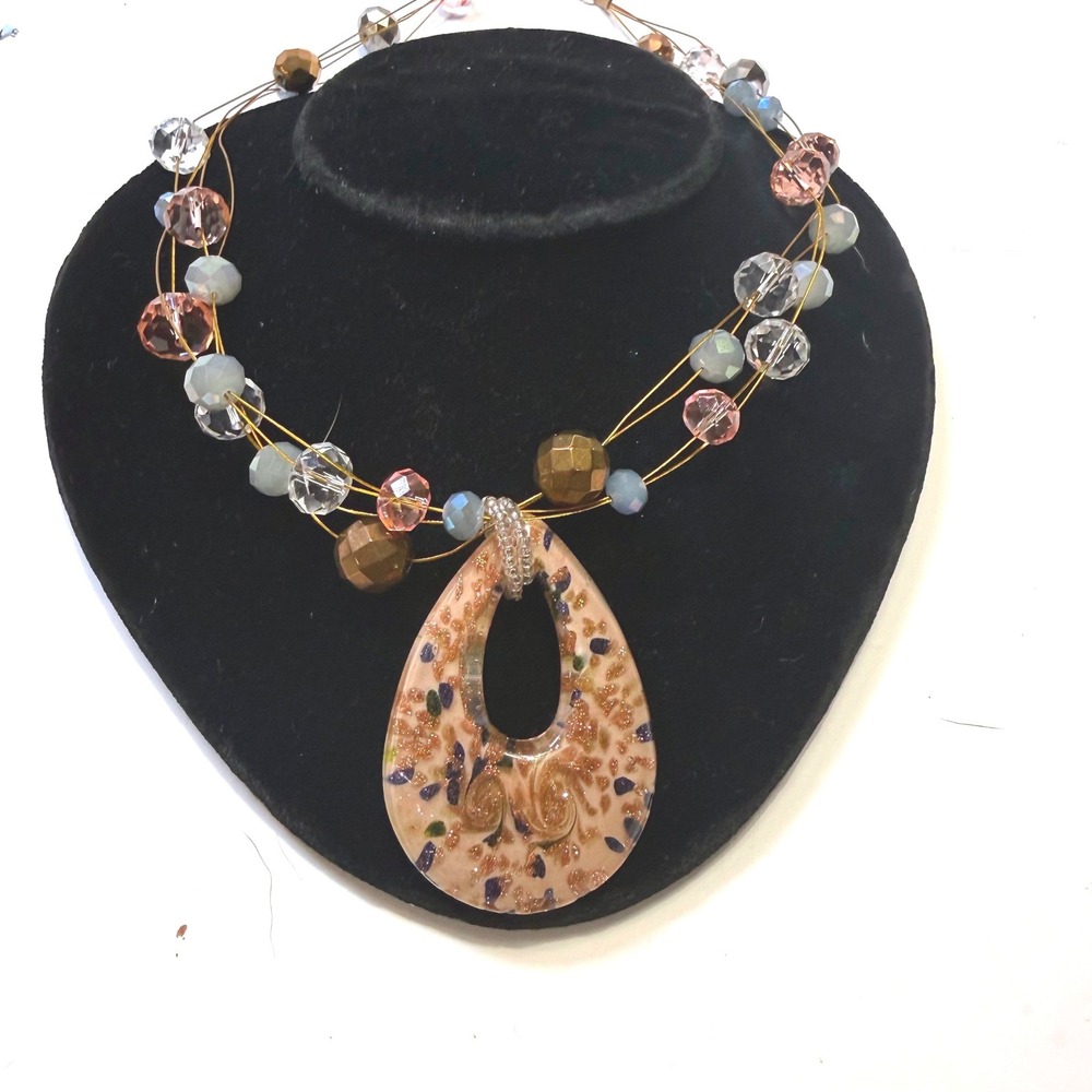 EL Multi-Strand Illusion Necklace Teardrop Art Glass Pendant Gold Beads